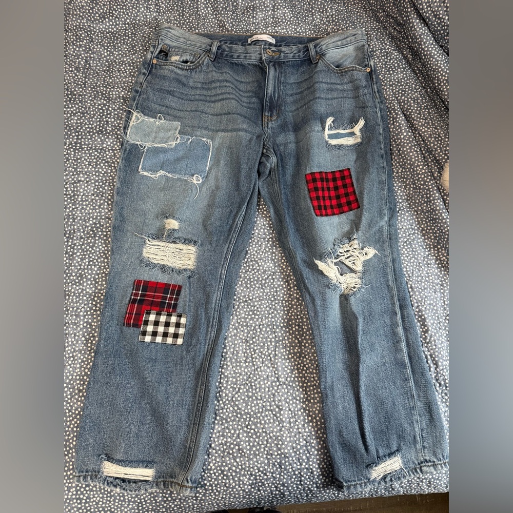 KanCan Blue Boyfriend Jeans with Red and Black Patches